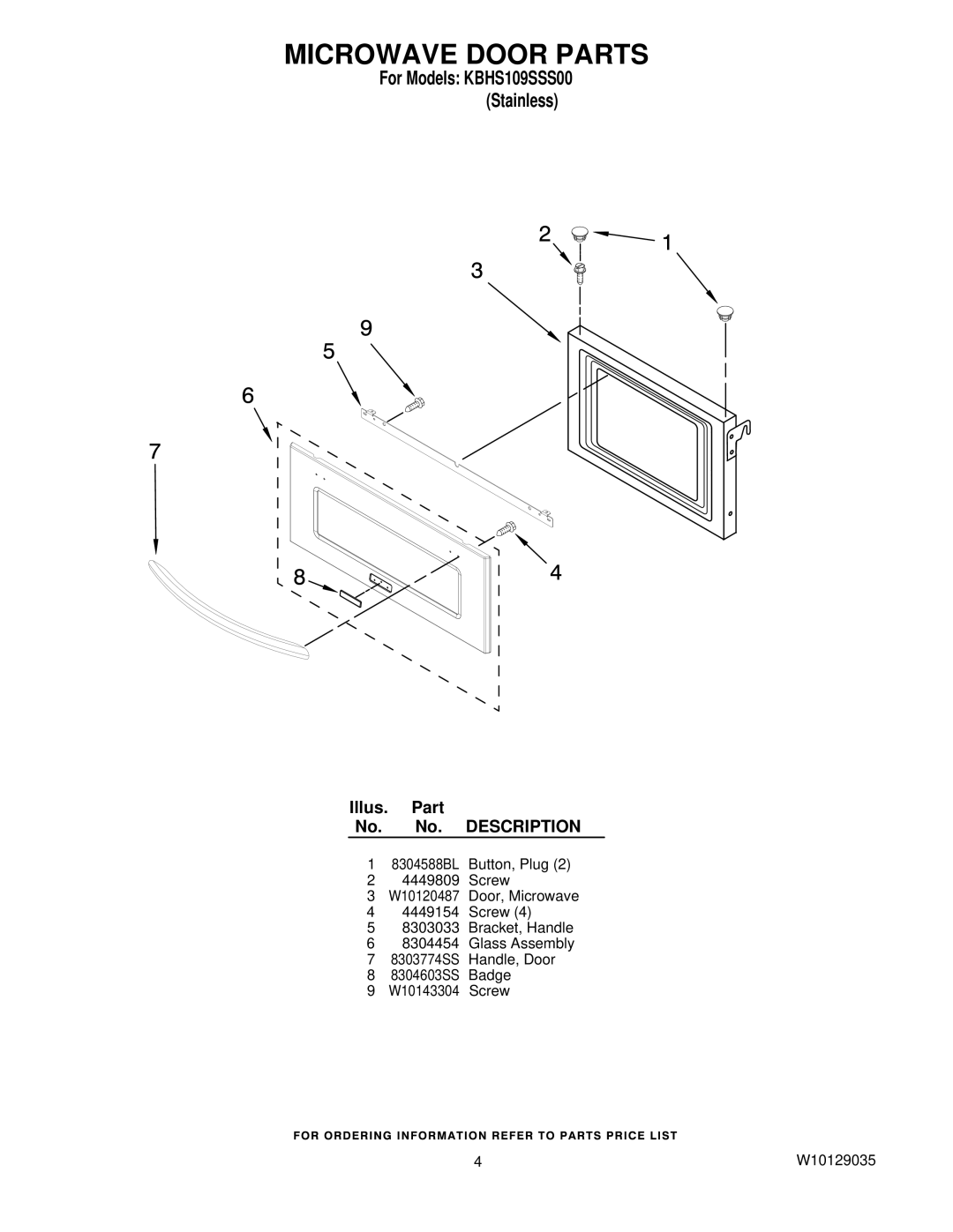 KitchenAid KBHS109SSS00 manual Microwave Door Parts 