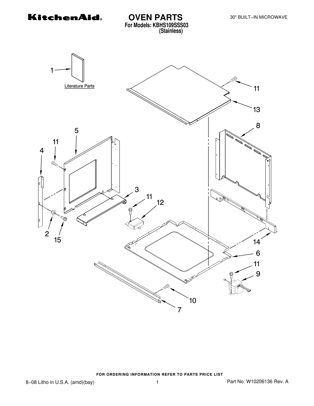 KitchenAid W10206136, KBHS109SSS03 manual Oven Parts 