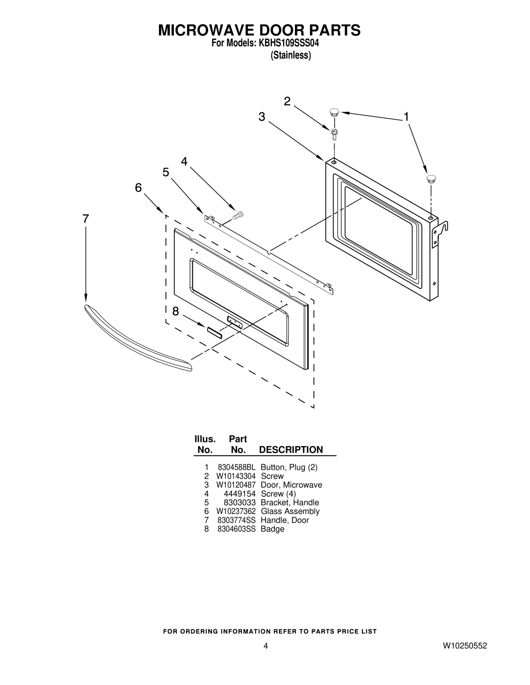 KitchenAid KBHS109SSS04 manual Microwave Door Parts 