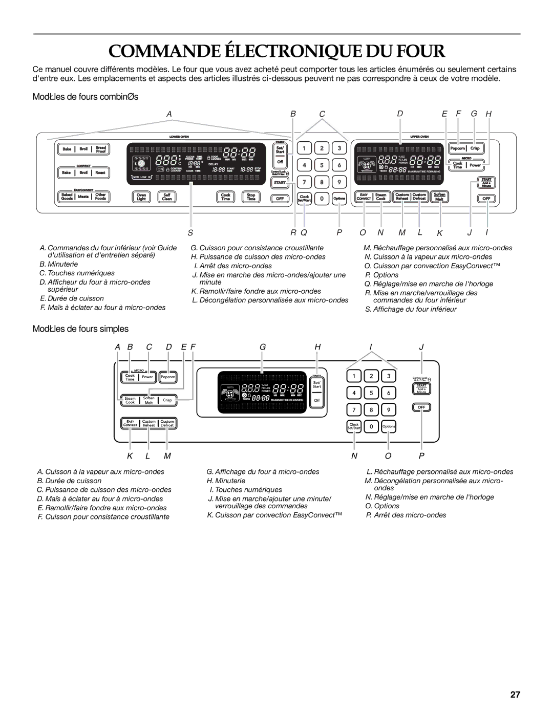 KitchenAid KEMS378, KBHS179, KBHS109 Commande Électronique DU Four, Modèles de fours combinés, Modèles de fours simples 