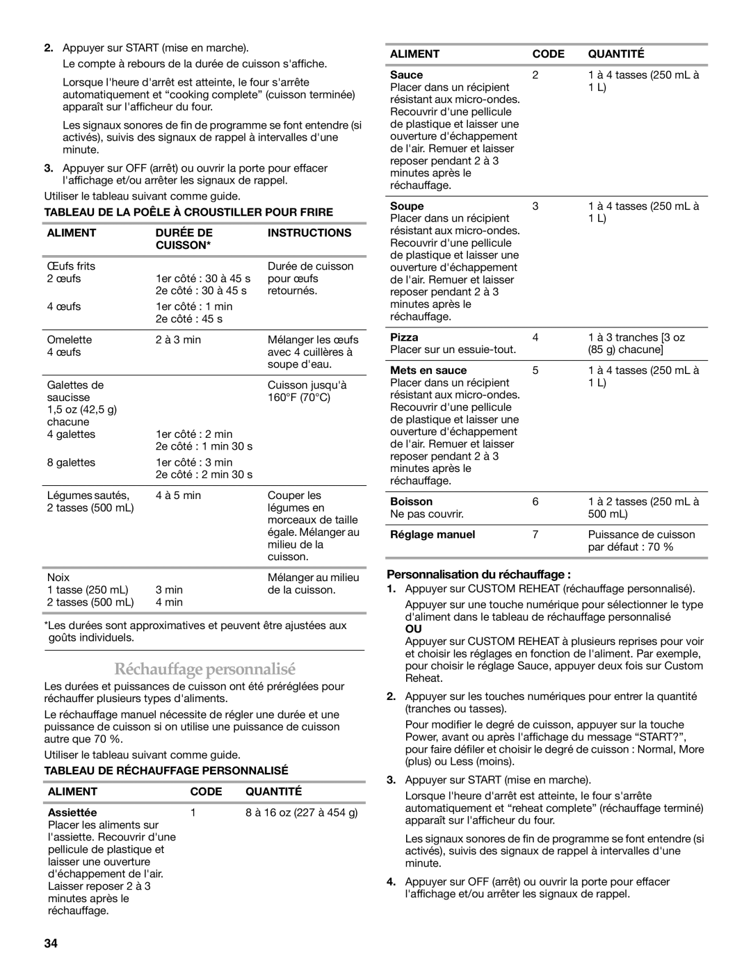 KitchenAid KEMS308, KBHS179, KBHS109 manual Réchauffage personnalisé, Personnalisation du réchauffage, Aliment Code Quantité 