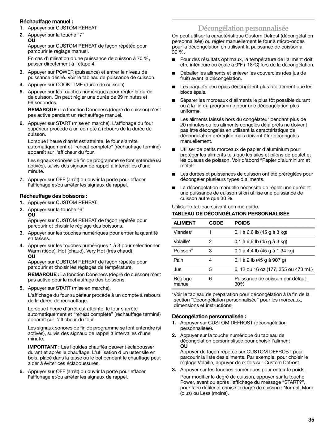 KitchenAid KEMS378, KBHS179, KBHS109, KEMS308 manual Décongélation personnalisée, Réchauffage manuel, Réchauffage des boissons 