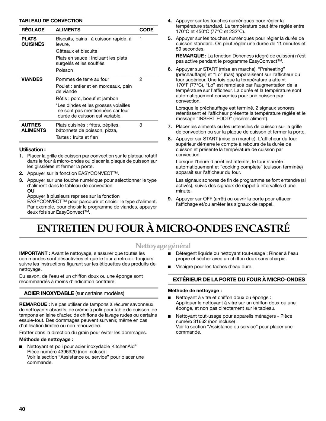 KitchenAid KBHS179, KBHS109, KEMS308, KEMS378 manual Entretien DU Four À MICRO-ONDES Encastré, Nettoyage général 