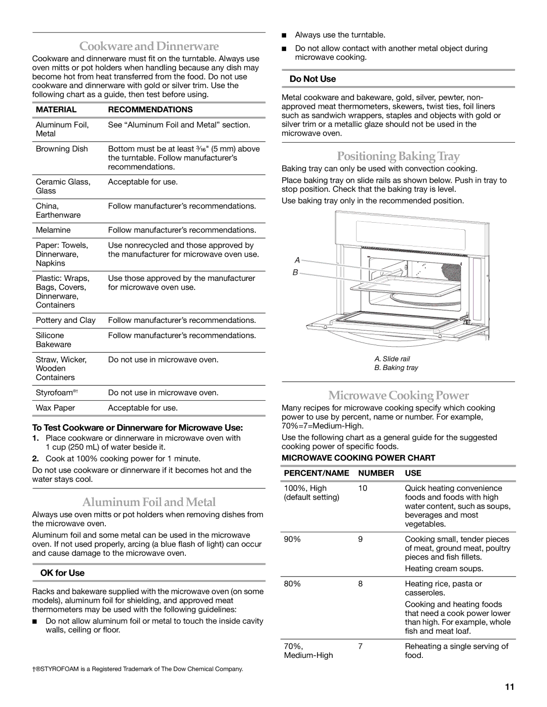 KitchenAid KBHS109 manual Cookware and Dinnerware, Aluminum Foil and Metal, PositioningBakingTray, Microwave Cooking Power 