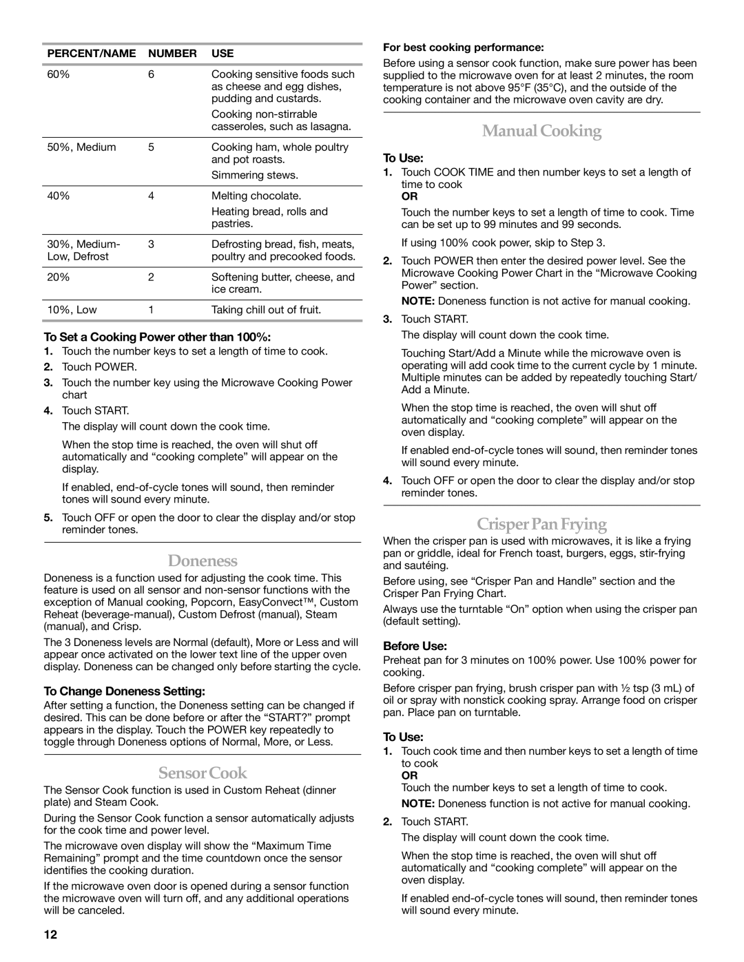 KitchenAid KBHS179, KBHS109 manual Doneness, Sensor Cook, Manual Cooking, Crisper Pan Frying 