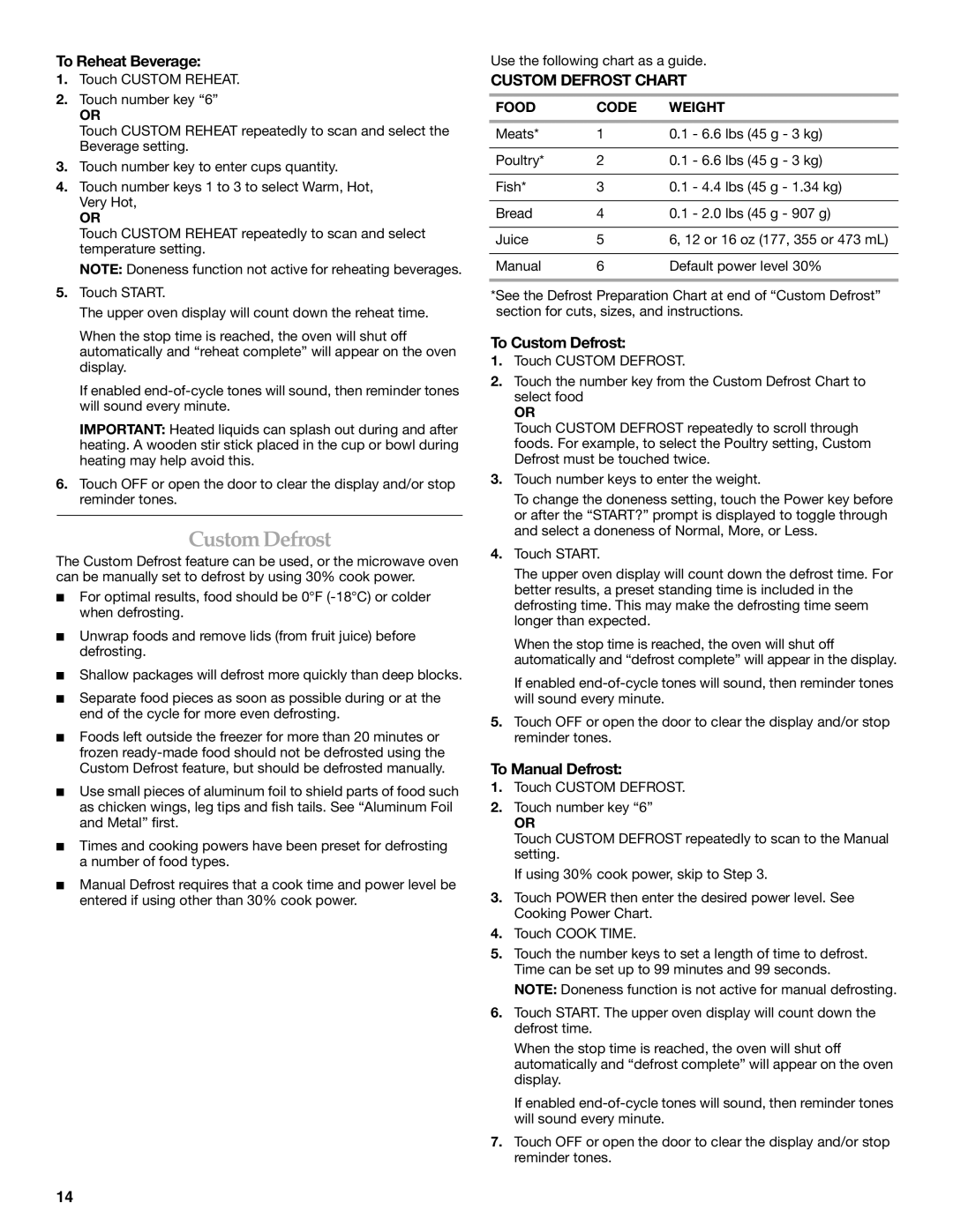 KitchenAid KBHS179, KBHS109 manual To Reheat Beverage, Custom Defrost Chart, To Custom Defrost, To Manual Defrost 