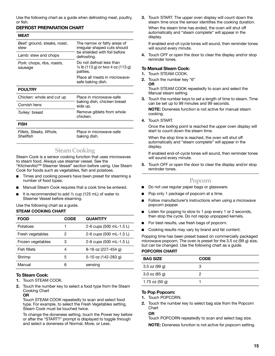 KitchenAid KBHS109, KBHS179 manual Steam Cooking, Popcorn, Defrost Preparation Chart 