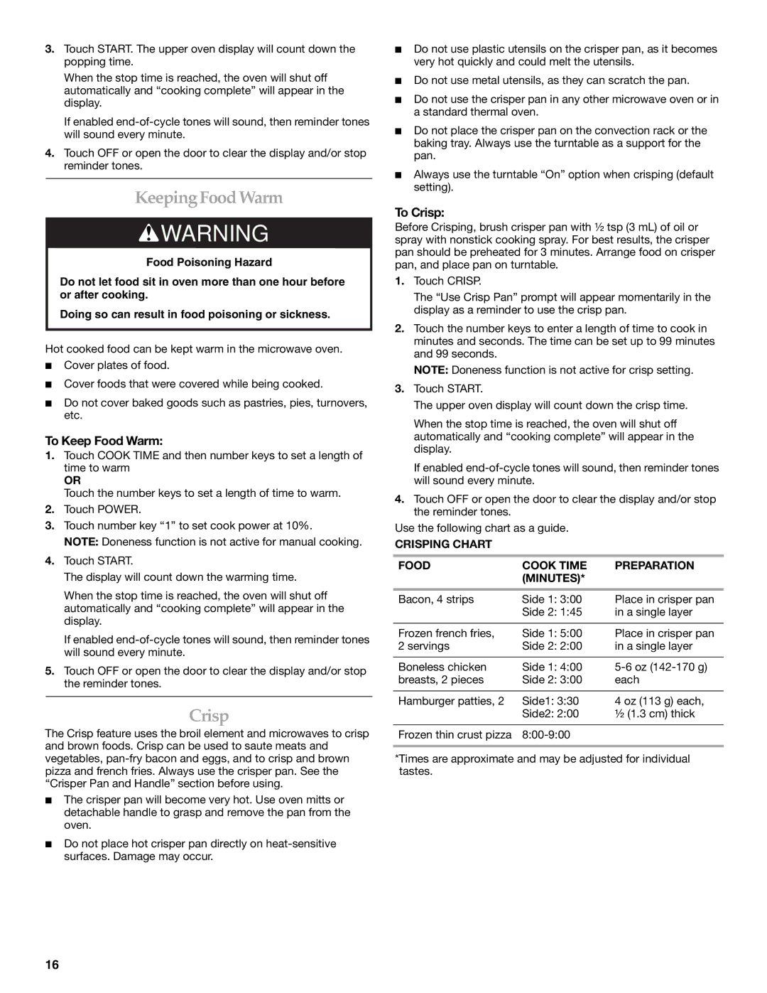 KitchenAid KBHS179 KeepingFood Warm, To Keep Food Warm, To Crisp, Crisping Chart Food Cook Time Preparation Minutes 