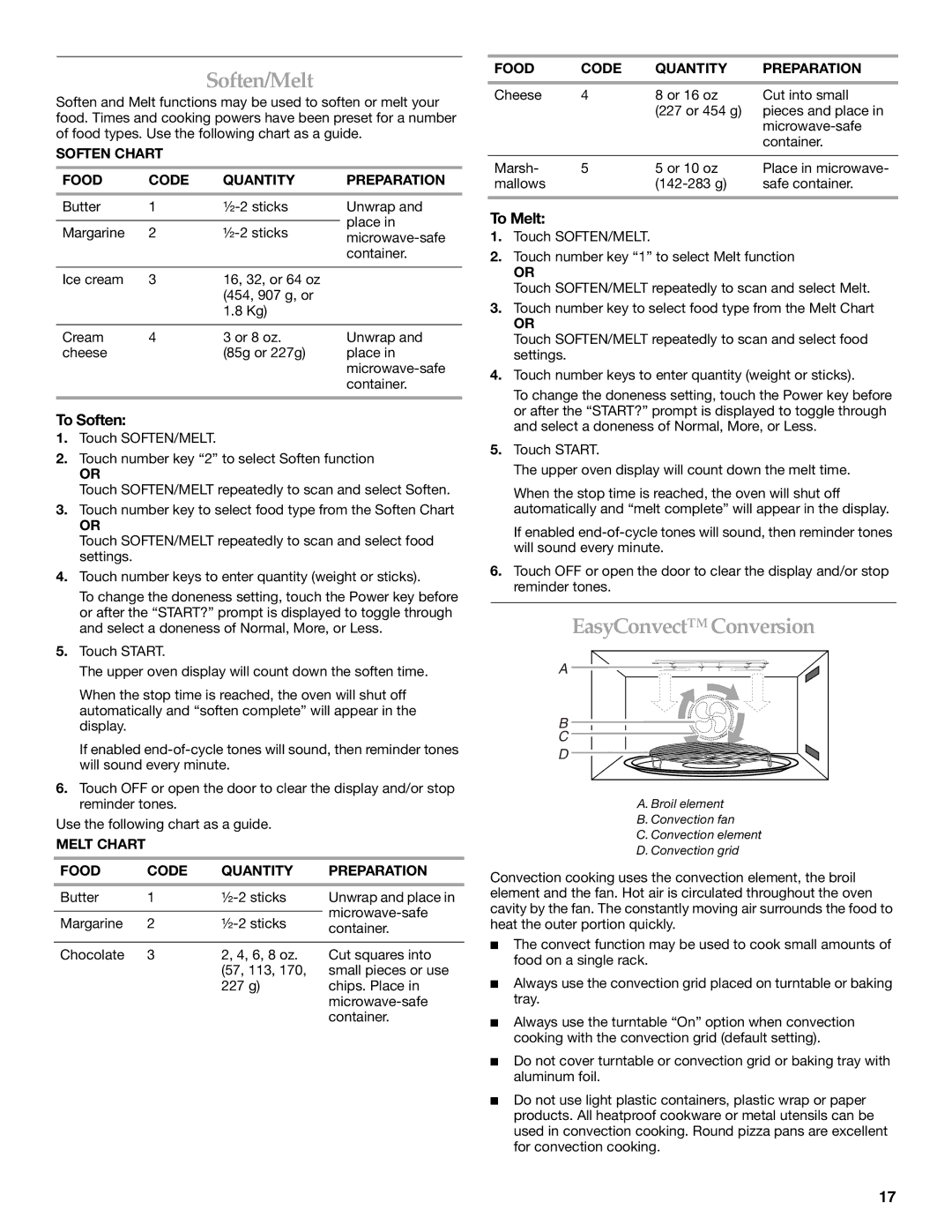 KitchenAid KBHS109, KBHS179 manual Soften/Melt, EasyConvect Conversion, To Soften, To Melt 