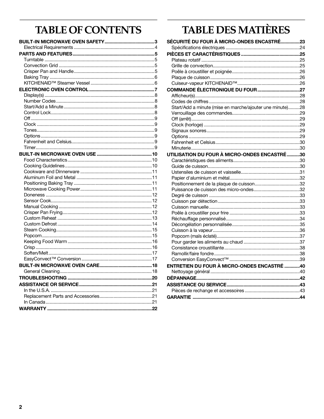 KitchenAid KBHS179, KBHS109 manual Table DES Matières, Table of Contents 