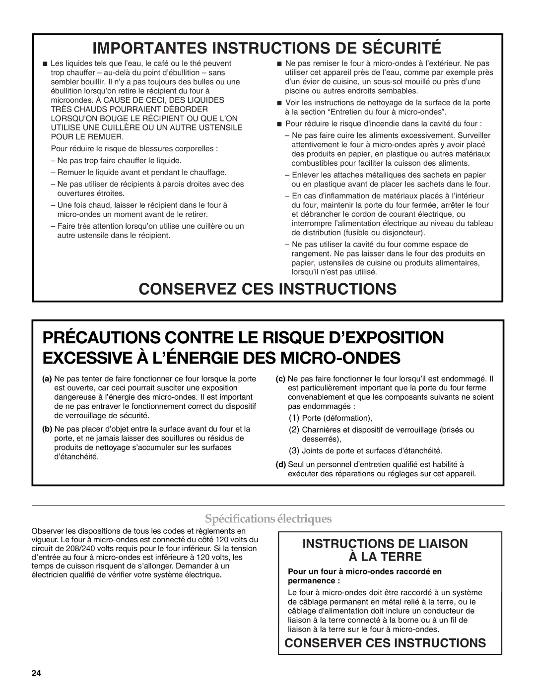 KitchenAid KBHS179, KBHS109 manual Spécifications électriques, Pour un four à micro-ondes raccordé en permanence 