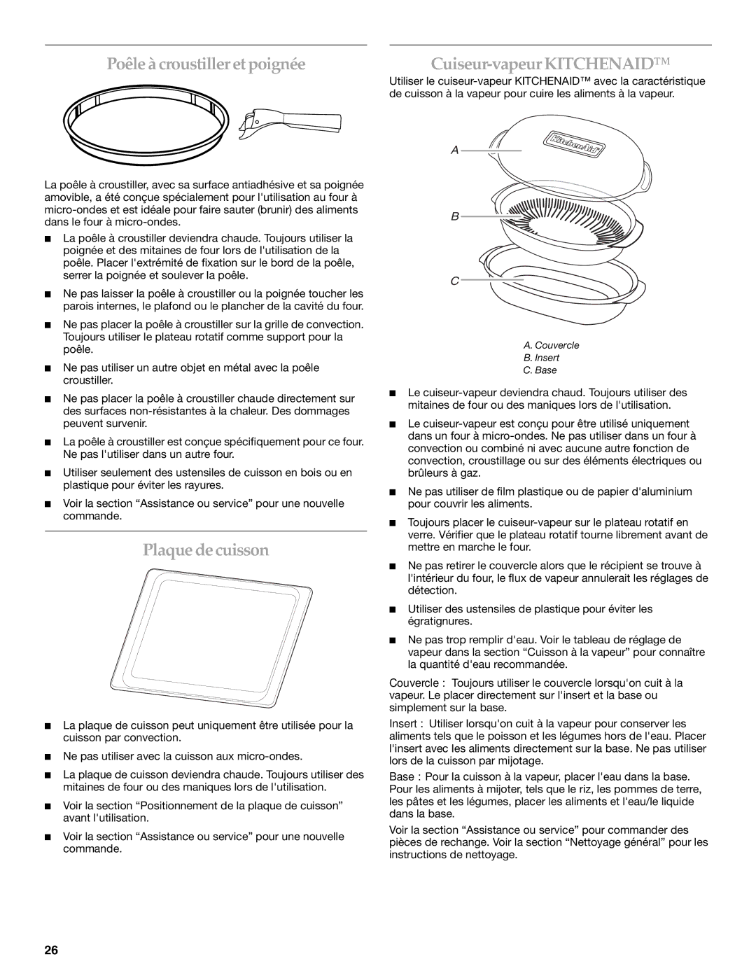 KitchenAid KBHS179, KBHS109 manual Poêle à croustiller etpoignée, Plaque de cuisson, Cuiseur-vapeur Kitchenaid 