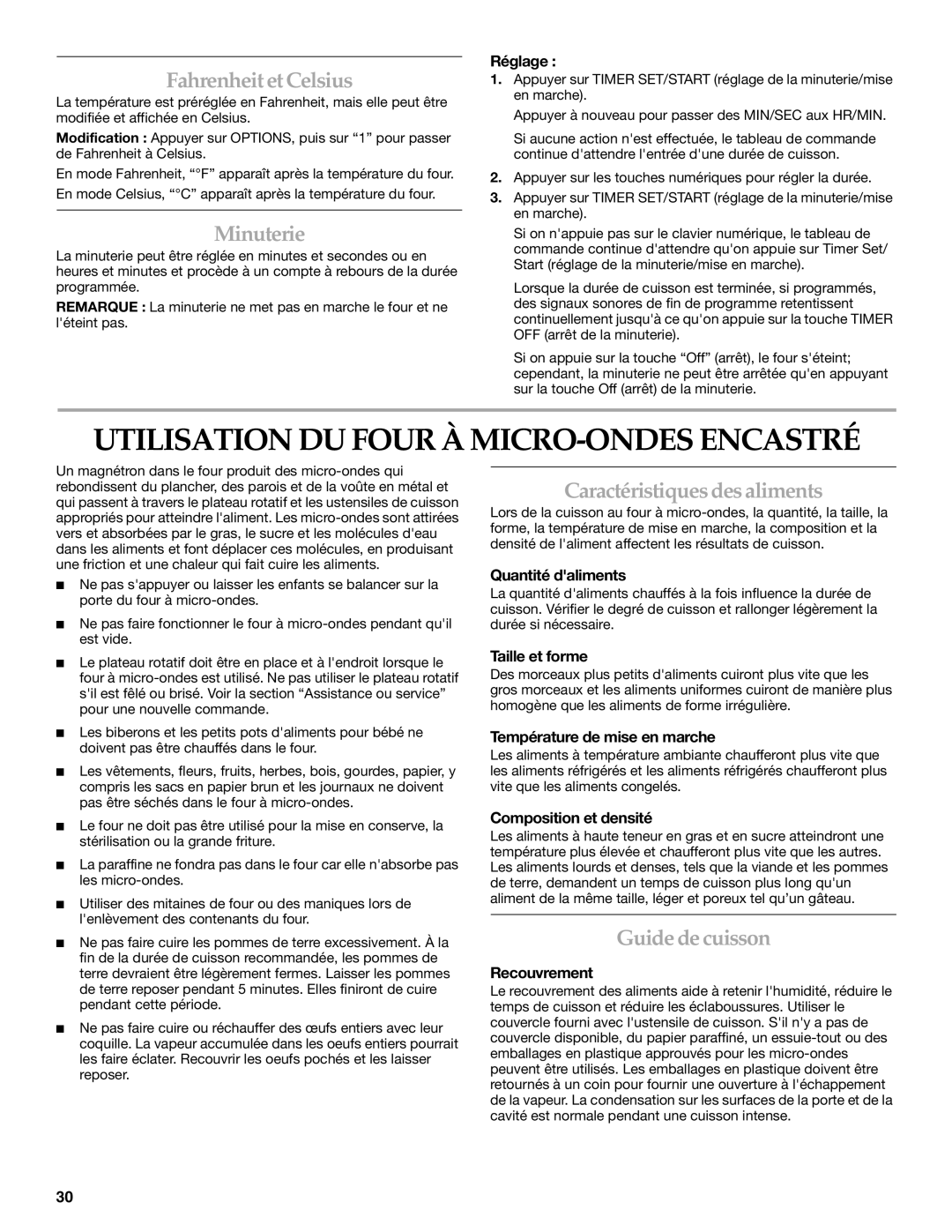 KitchenAid KBHS179, KBHS109 Utilisation DU Four À MICRO-ONDES Encastré, Fahrenheit et Celsius, Minuterie, Guide de cuisson 