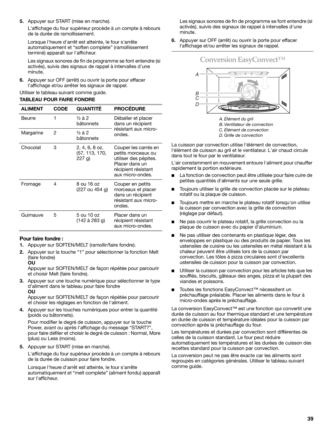 KitchenAid KBHS109 Conversion EasyConvect, Pour faire fondre, Tableau Pour Faire Fondre Aliment Code Quantité Procédure 