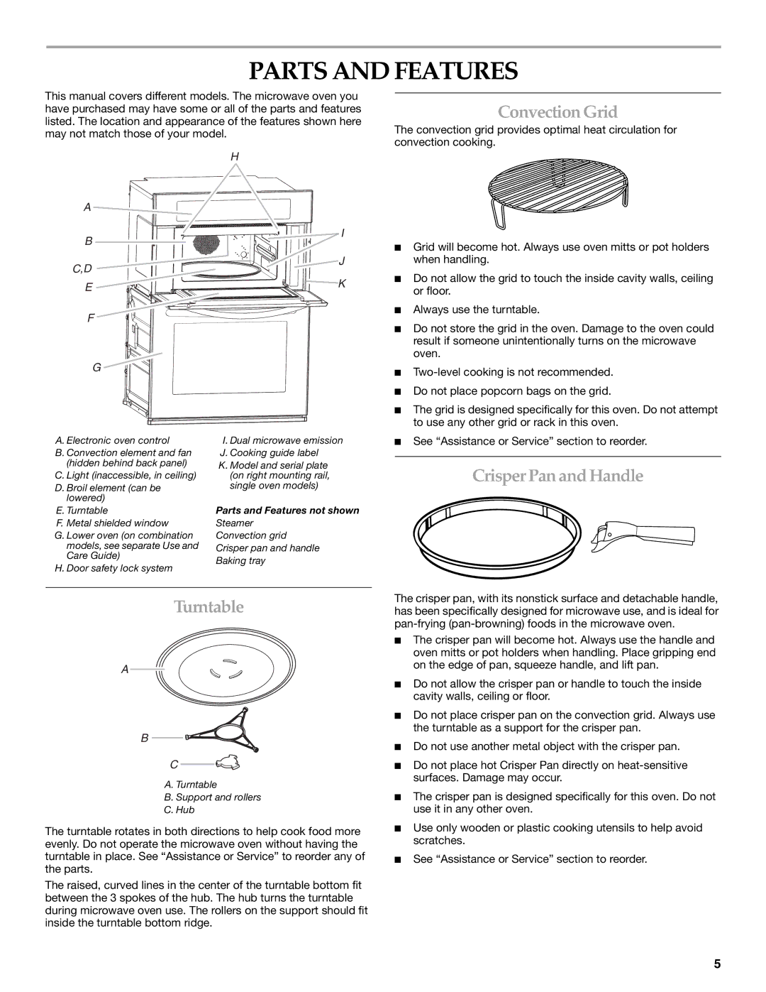 KitchenAid KBHS109, KBHS179 manual Parts and Features, Convection Grid, Crisper Pan and Handle Turntable 