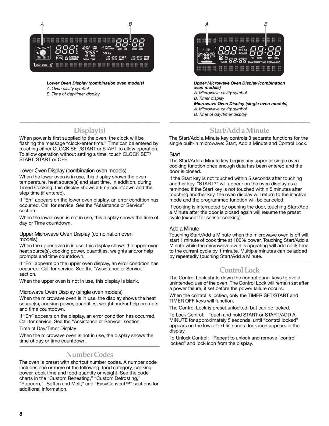 KitchenAid KBHS179, KBHS109 manual Displays, Number Codes, Start/Add a Minute, ControlLock 