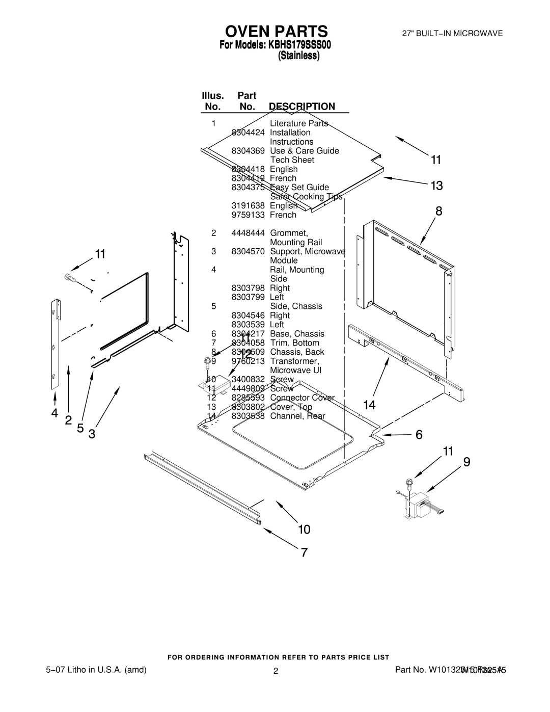 KitchenAid KBHS179SSS00 manual Oven Parts, Illus. Part No. No. Description 