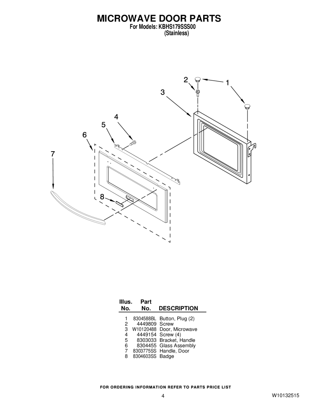 KitchenAid KBHS179SSS00 manual Microwave Door Parts 