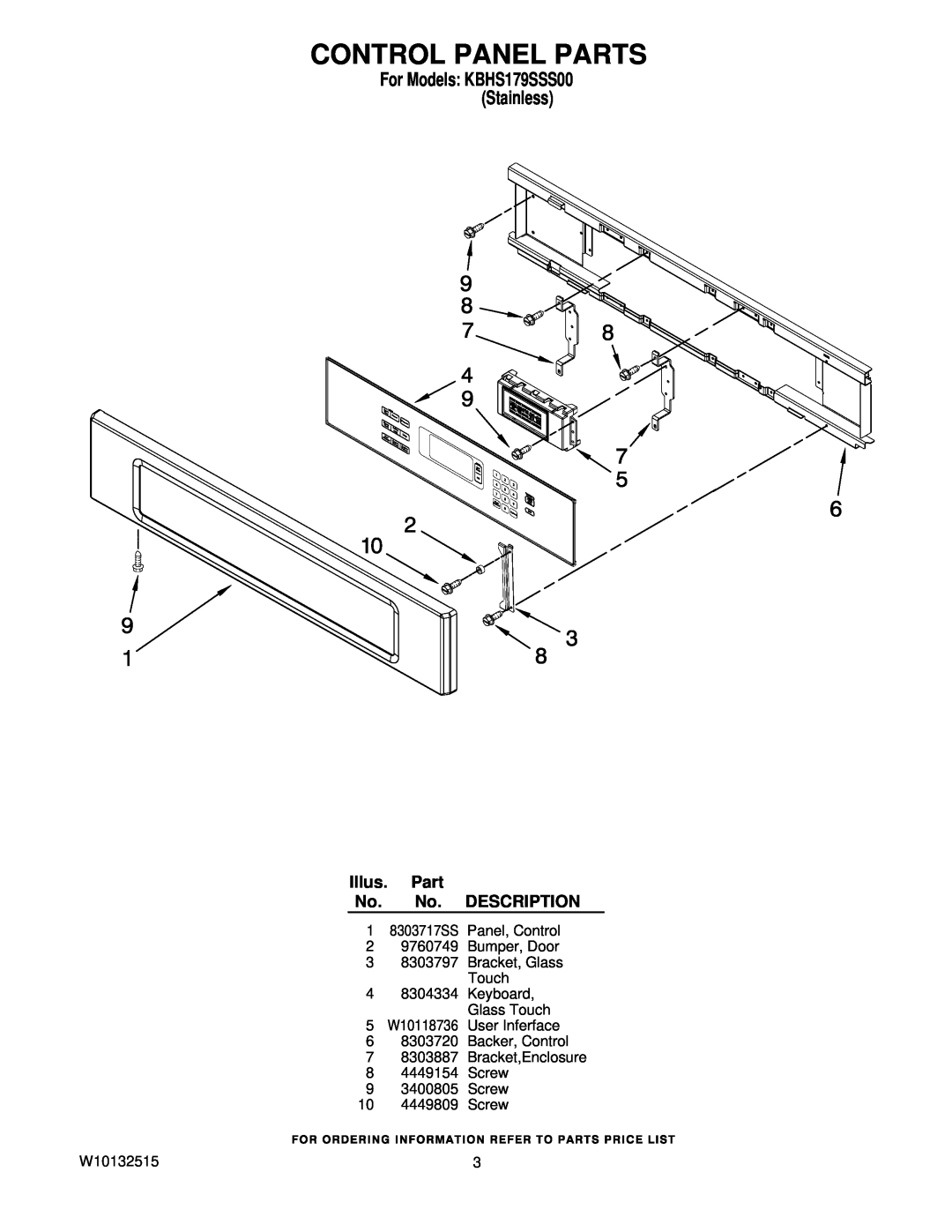 KitchenAid KBHS179SSS00 manual Control Panel Parts, Illus. Part No. No. DESCRIPTION, 10 4449809 Screw, W10132515 