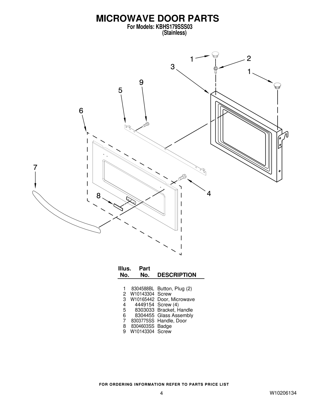 KitchenAid KBHS179SSS03, W10206134 manual Microwave Door Parts 