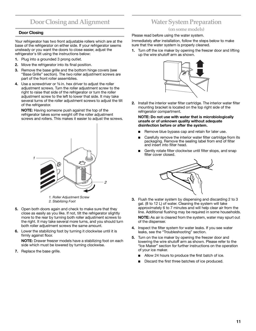 KitchenAid KBRA20ELBL0, KBLA20ELSS0, KBRA20ELWH0, KBRA20EMSS manual Door Closing and Alignment, Water System Preparation 