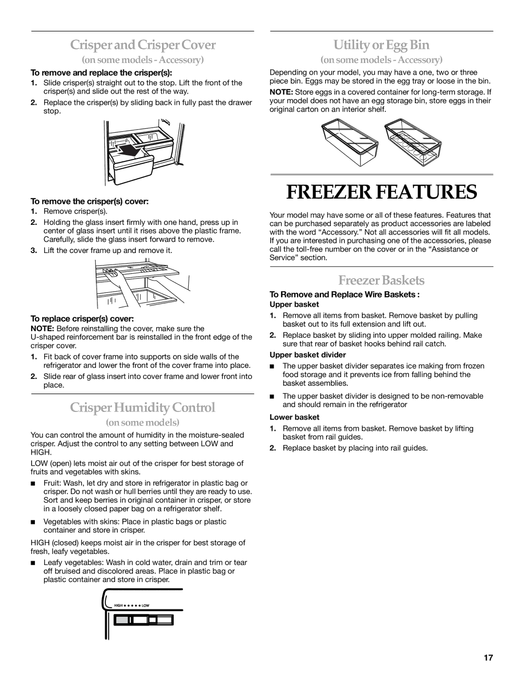 KitchenAid KBRA20ELBT0 manual Freezer Features, Crisper and Crisper Cover, Crisper Humidity Control, Utility or Egg Bin 