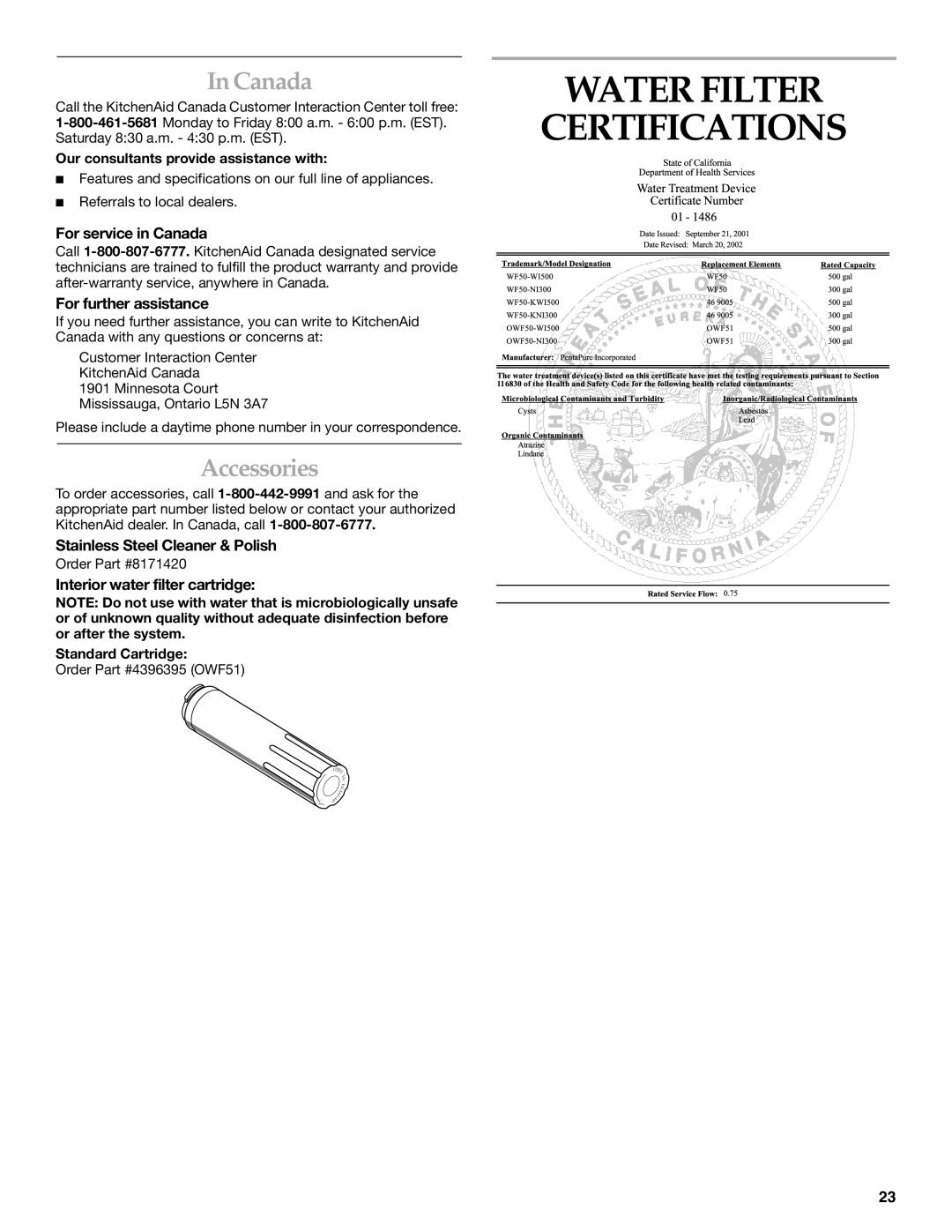 KitchenAid KBRA20EMSS, KBLA20ELSS0, KBRA20ELWH0, KBRA20ELBT0, KBRA20ELBL0 Water Filter Certifications, Canada, Accessories 