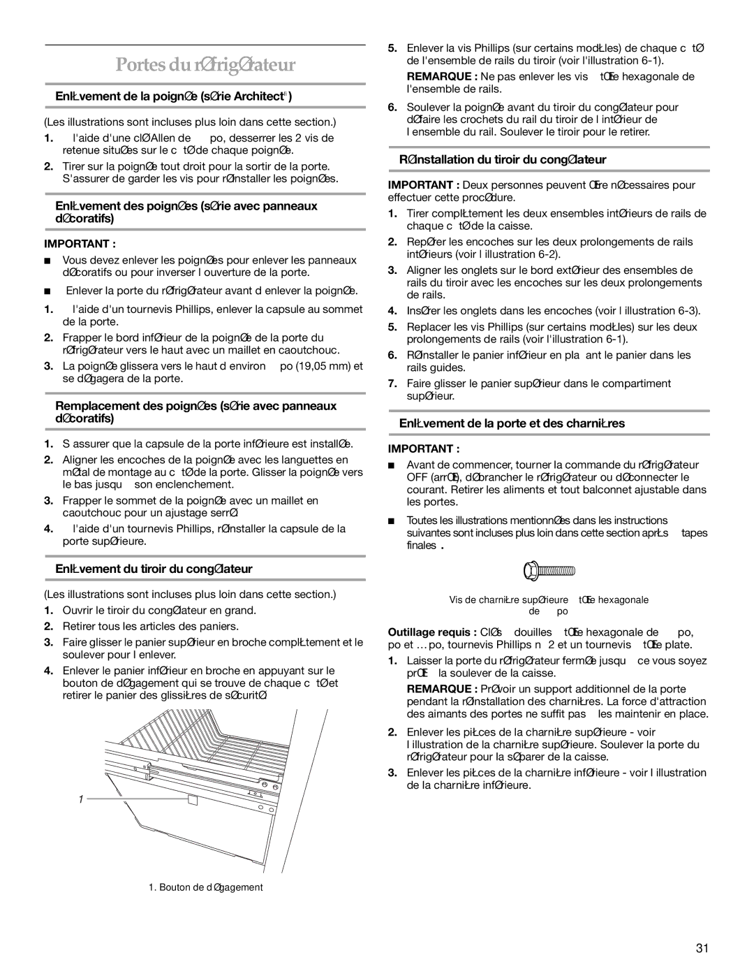 KitchenAid KBRA20ELBT0, KBLA20ELSS0, KBRA20ELWH0, KBRA20EMSS, KBRA20ELBL0, KBRA20ELSS0 manual Portes du réfrigérateur 