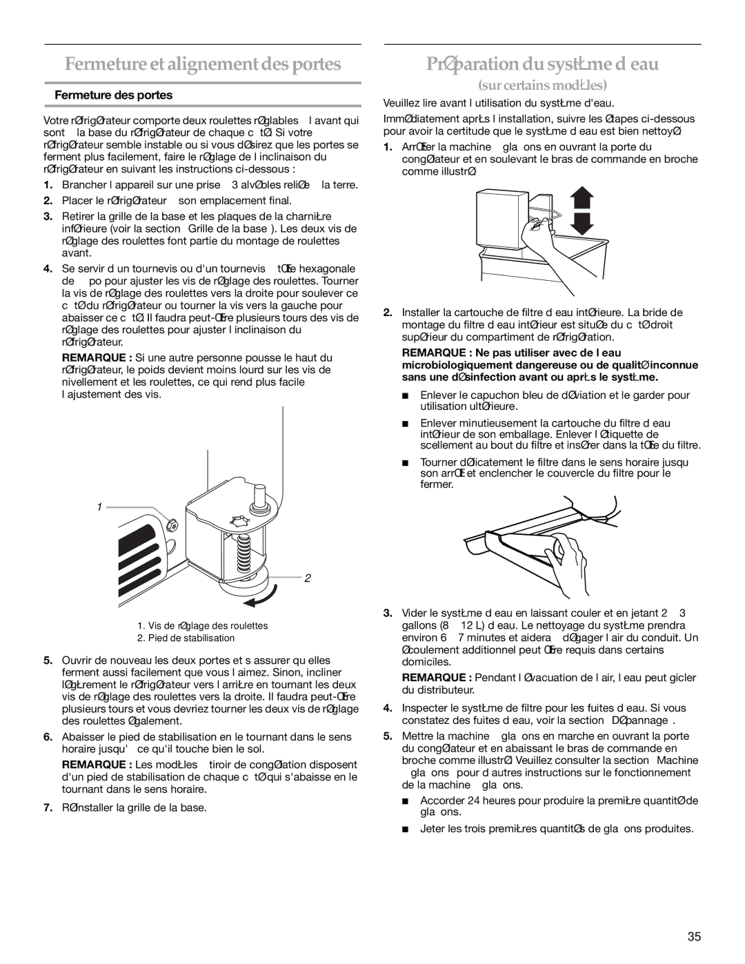 KitchenAid KBLA20ELSS0, KBRA20ELWH0 Fermeture et alignement des portes, Préparation du système d’eau, Fermeture des portes 