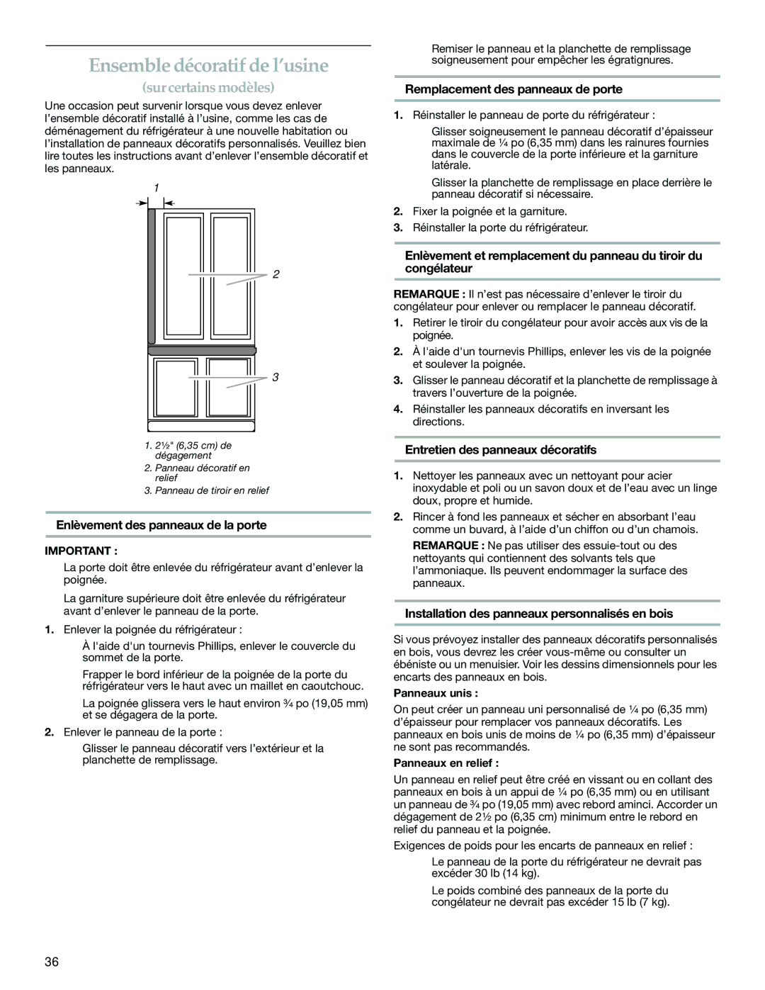 KitchenAid KBRA20ELWH0, KBLA20ELSS0, KBRA20EMSS manual Ensemble décoratif de l’usine, Enlèvement des panneaux de la porte 