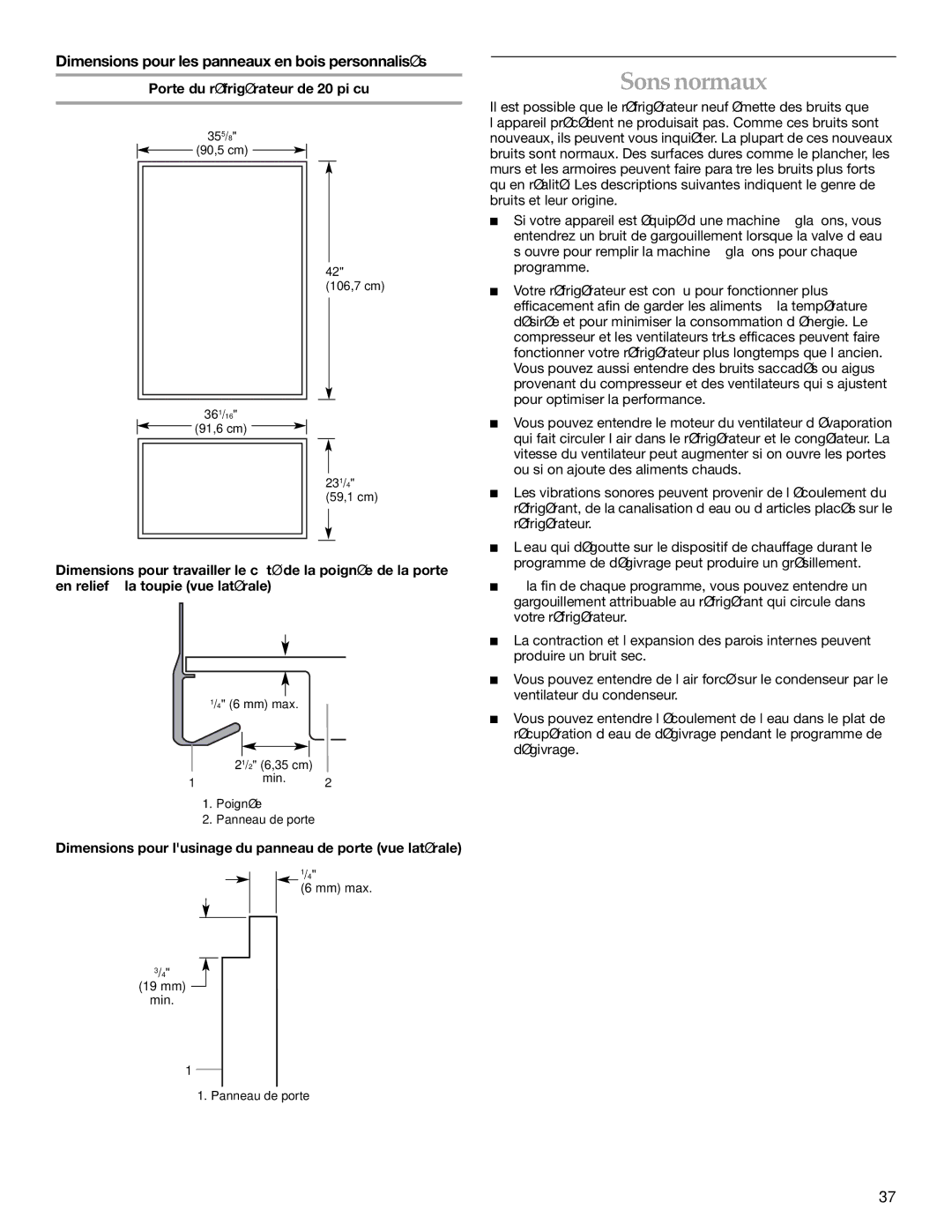 KitchenAid KBRA20EMSS Sons normaux, Dimensions pour les panneaux en bois personnalisés, Porte du réfrigérateur de 20 pi cu 