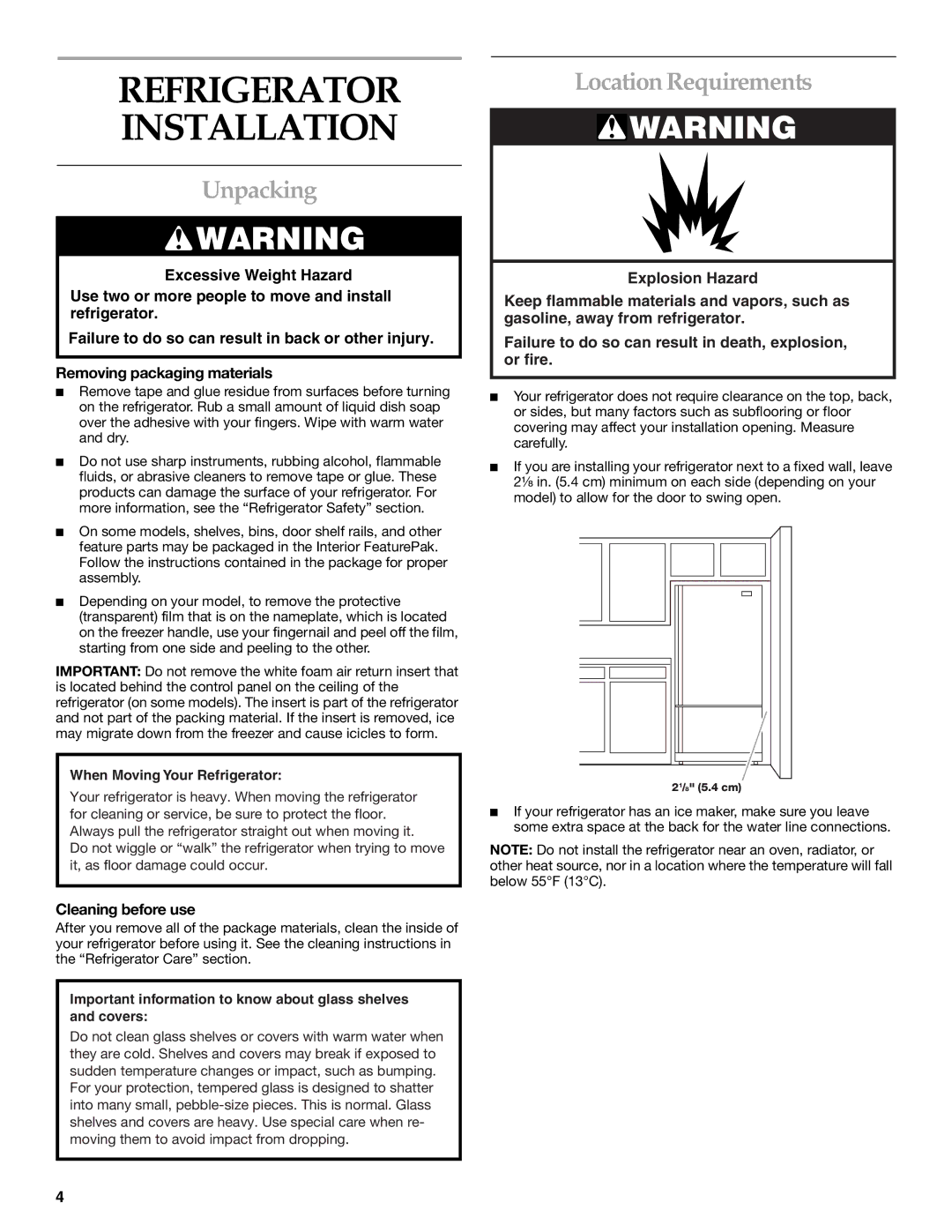 KitchenAid KBRA20ELBL0, KBLA20ELSS0 manual Refrigerator Installation, Unpacking, Location Requirements, Cleaning before use 