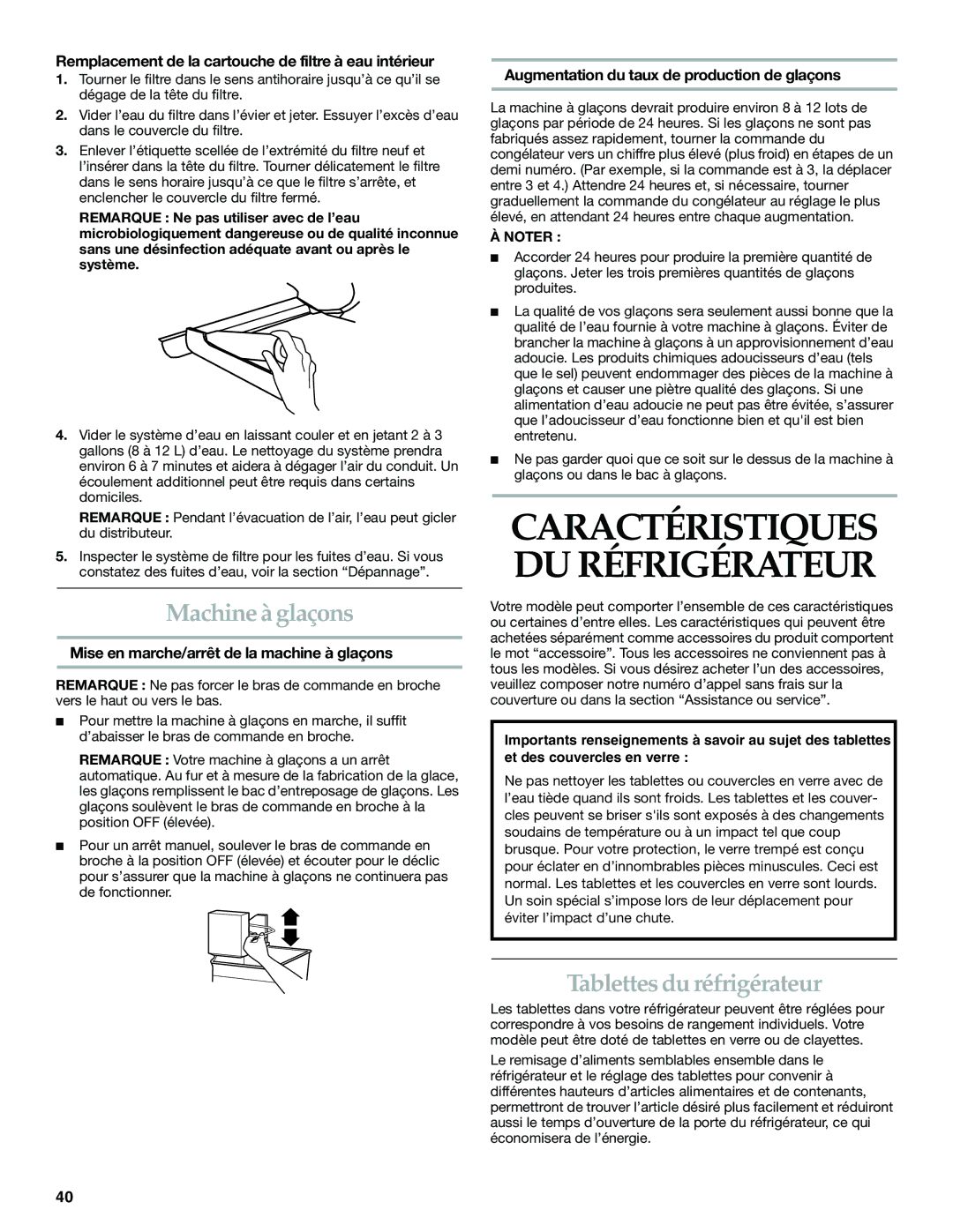 KitchenAid KBRA20ELSS0 manual Machine à glaçons, Tablettes du réfrigérateur, Mise en marche/arrêt de la machine à glaçons 