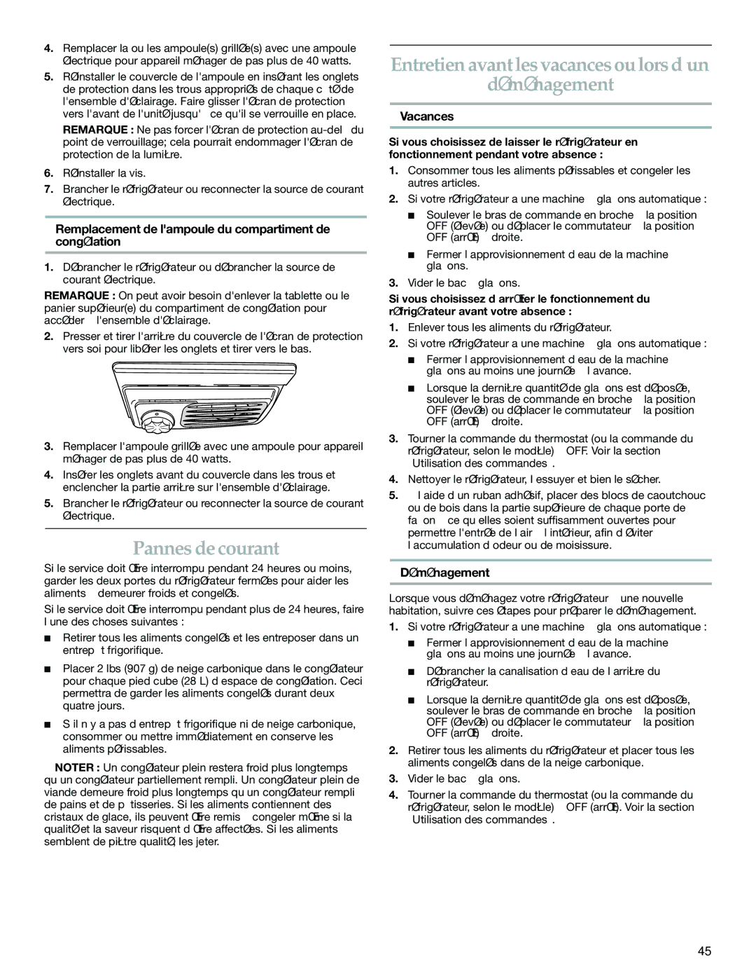 KitchenAid KBRA20ELBT0, KBLA20ELSS0 Pannes de courant, Entretien avant les vacances ou lors d’un Déménagement, Vacances 