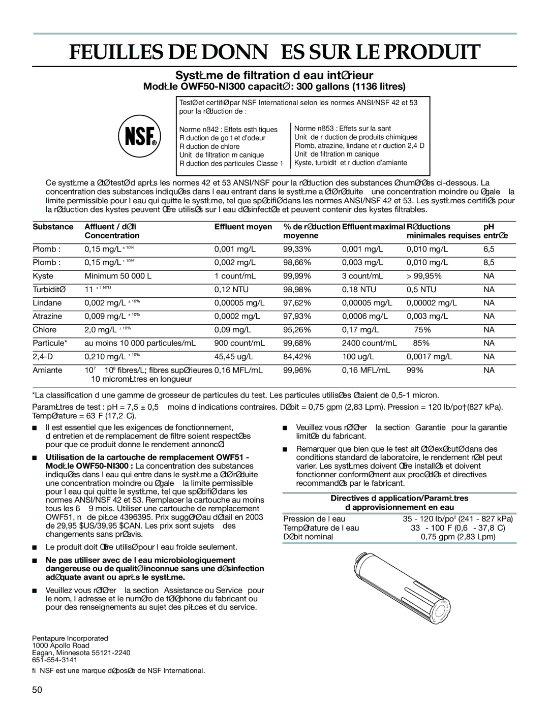 KitchenAid KBRA20ELWH0, KBLA20ELSS0, KBRA20EMSS Feuilles DE Données SUR LE Produit, Système de filtration d’eau intérieur 