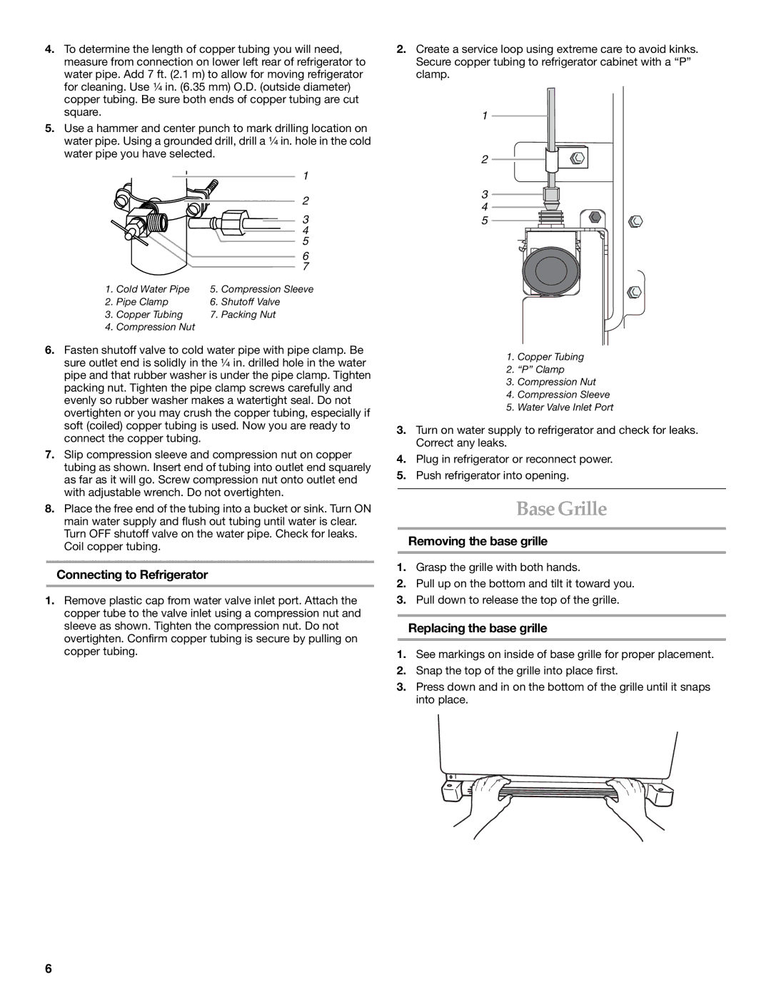 KitchenAid Bottom-Mount Refrigerator, KBLA20ELSS0 manual Base Grille, Connecting to Refrigerator, Removing the base grille 