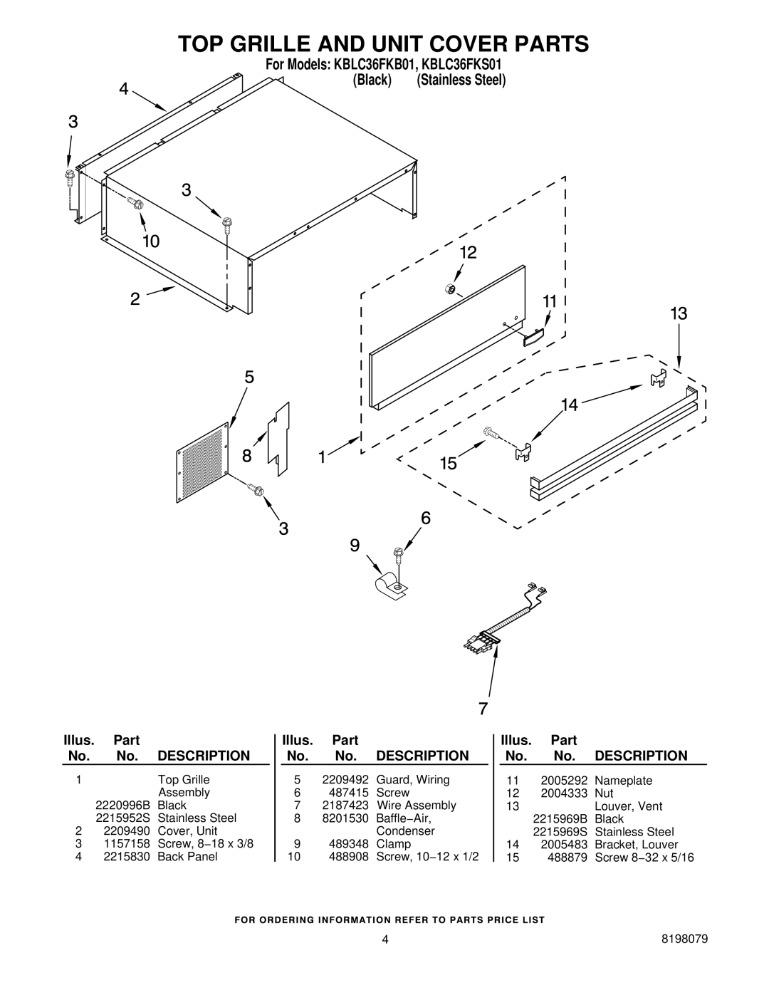 KitchenAid KBLC36FKS01, KBLC36FKB01 manual TOP Grille and Unit Cover Parts 