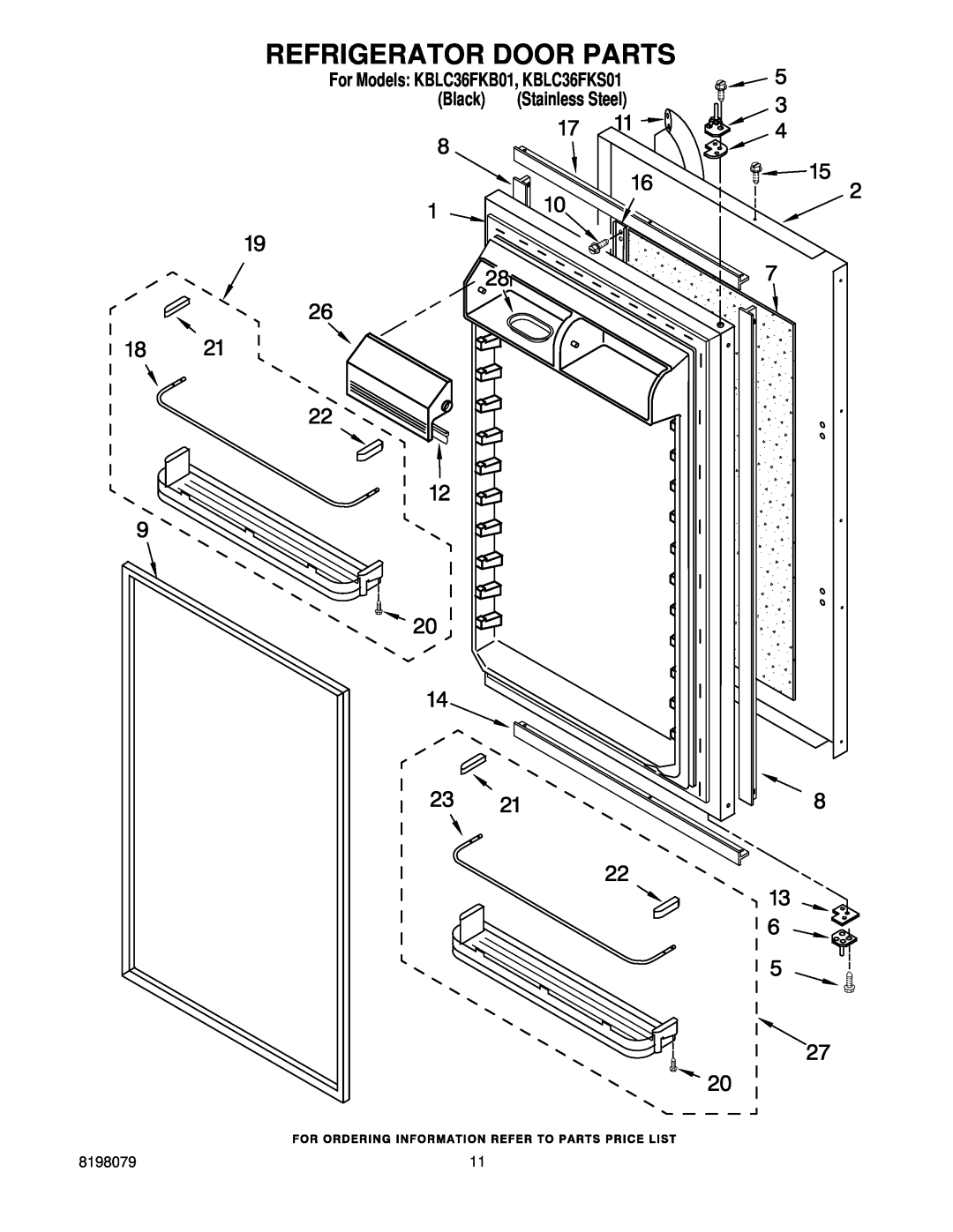 KitchenAid manual Refrigerator Door Parts, For Models KBLC36FKB01, KBLC36FKS01, Black, Stainless Steel 