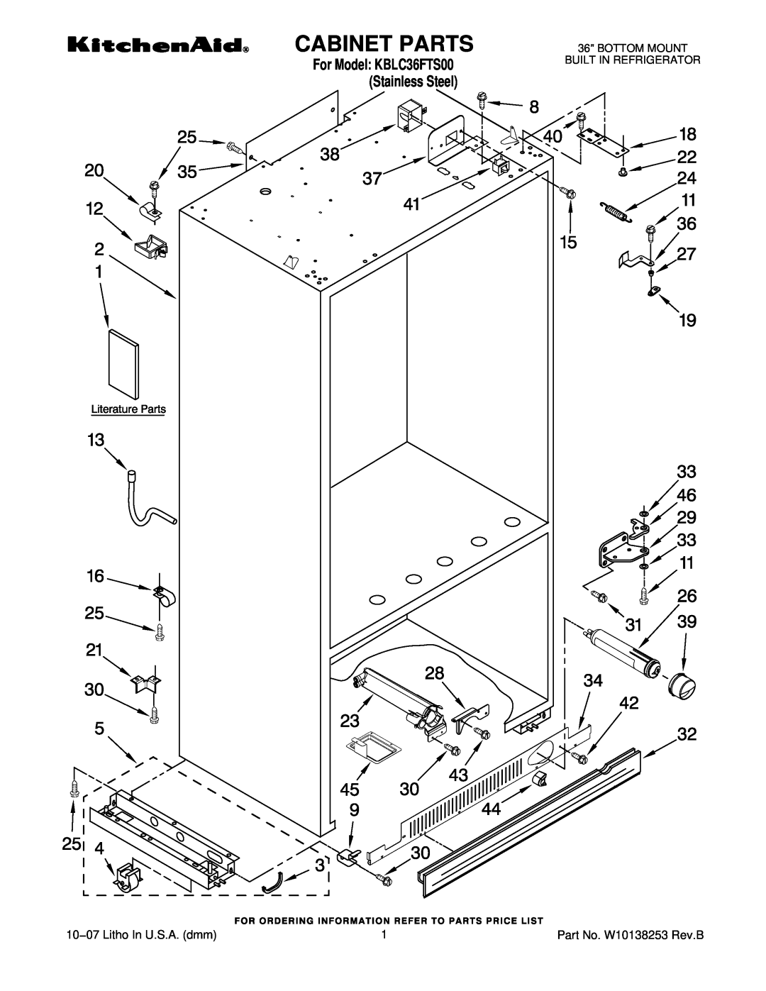 KitchenAid manual Cabinet Parts, 10−07 Litho In U.S.A. dmm, For Model KBLC36FTS00 Stainless Steel 