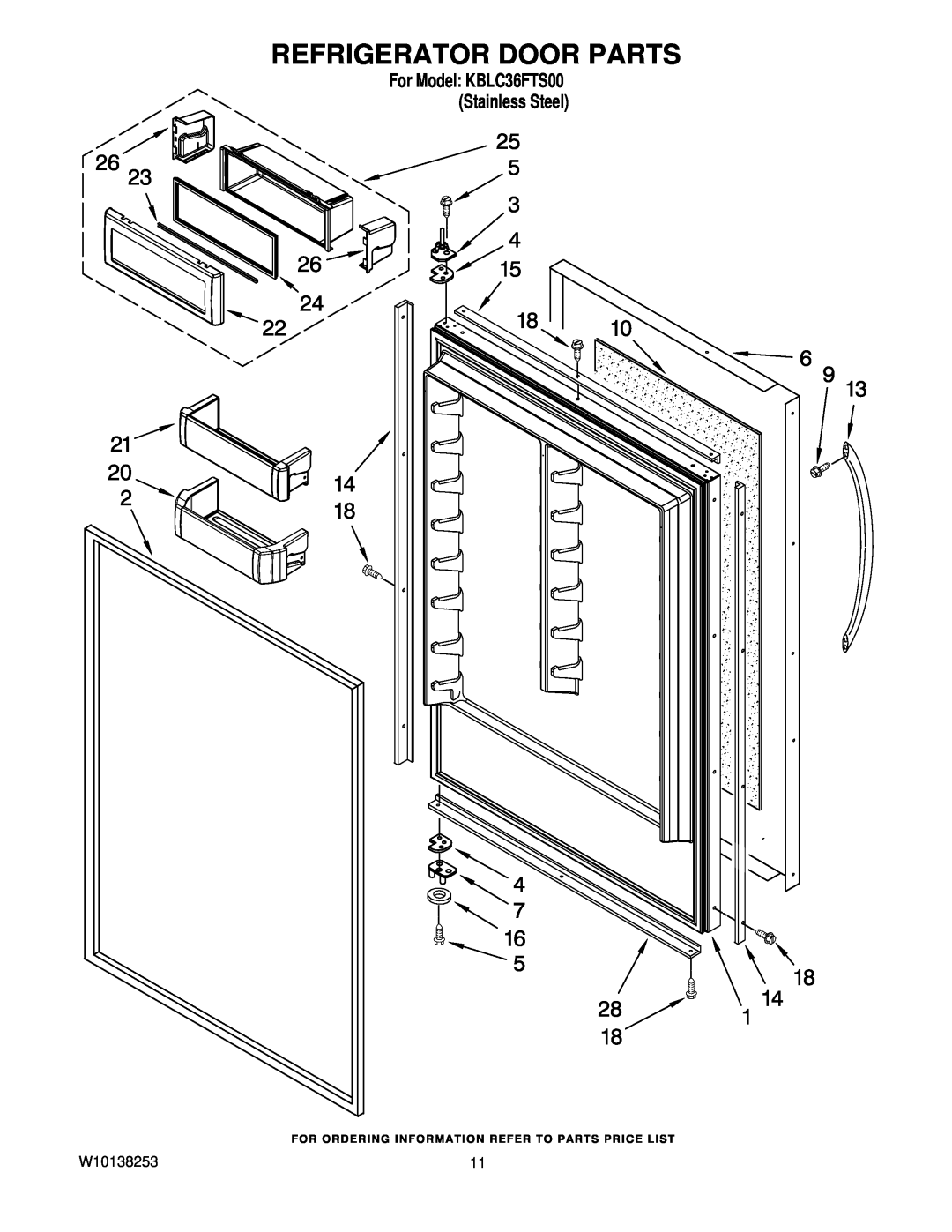 KitchenAid manual Refrigerator Door Parts, For Model KBLC36FTS00 Stainless Steel 