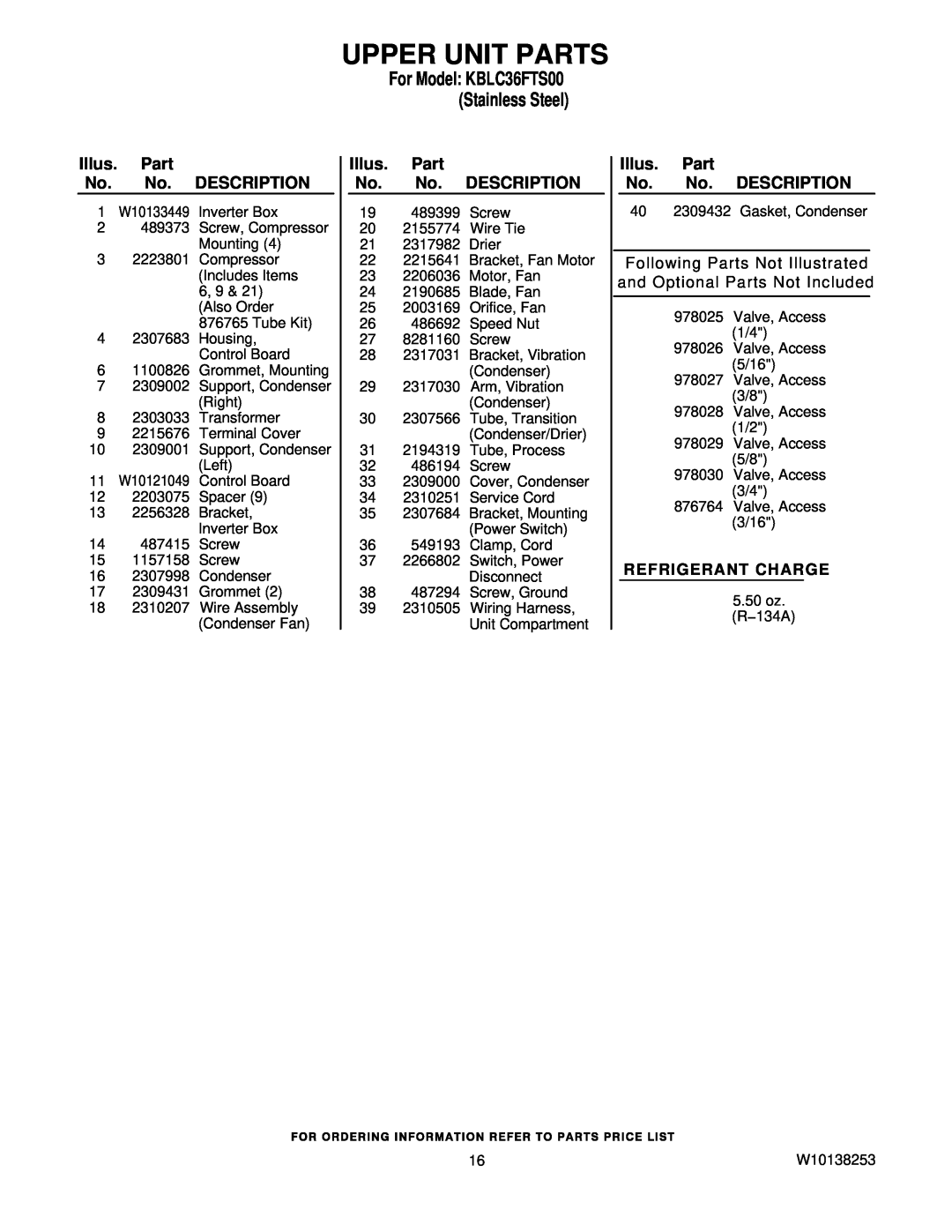 KitchenAid KBLC36FTS00 manual Following Parts Not Illustrated and Optional Parts Not Included, Refrigerant Charge 