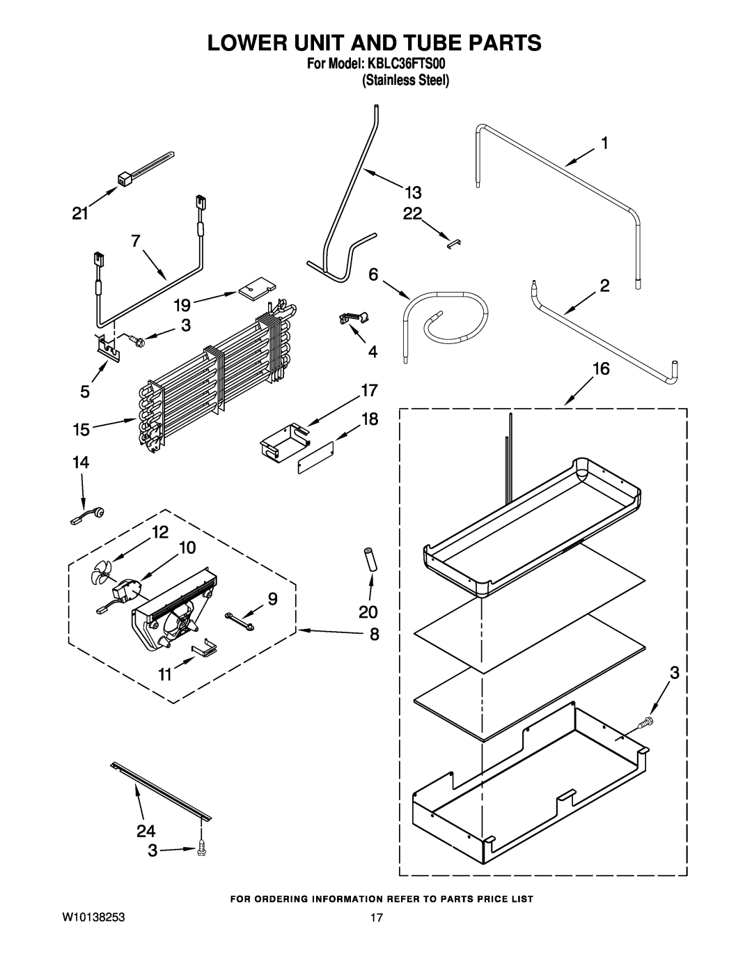 KitchenAid manual Lower Unit And Tube Parts, W10138253, For Model KBLC36FTS00 Stainless Steel 