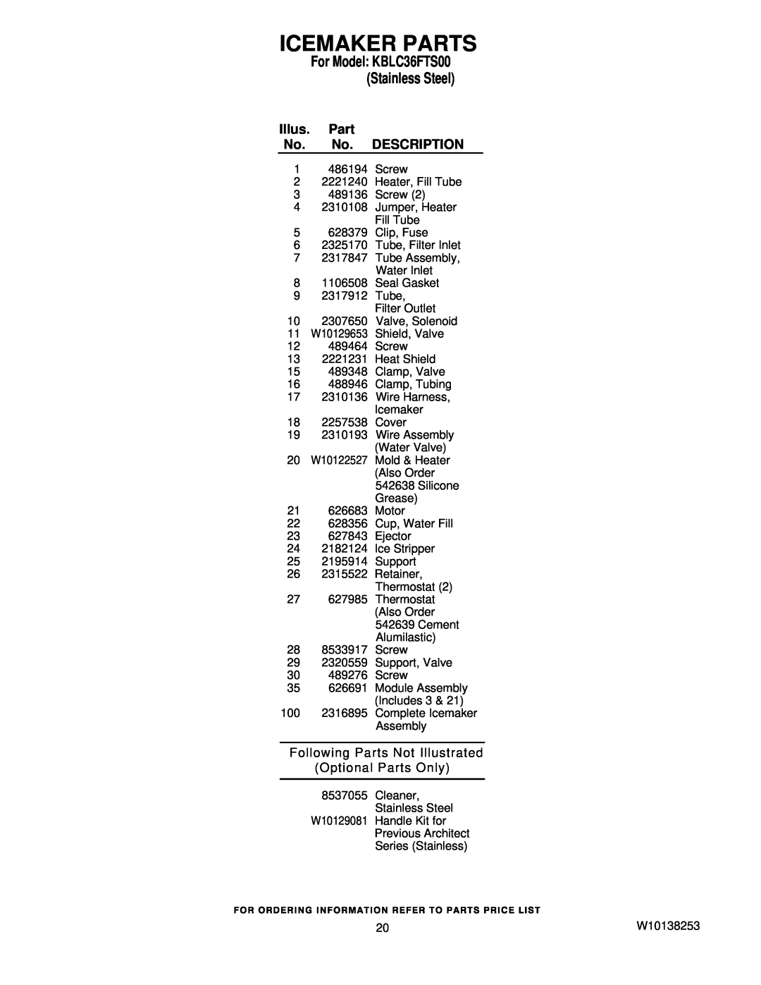 KitchenAid KBLC36FTS00 manual Following Parts Not Illustrated Optional Parts Only, Icemaker Parts 