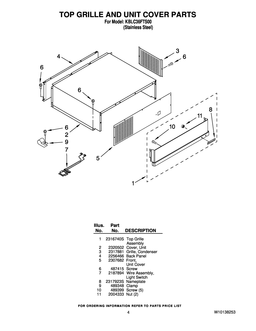 KitchenAid Top Grille And Unit Cover Parts, For Model KBLC36FTS00 Stainless Steel, Illus. Part No. No. DESCRIPTION 