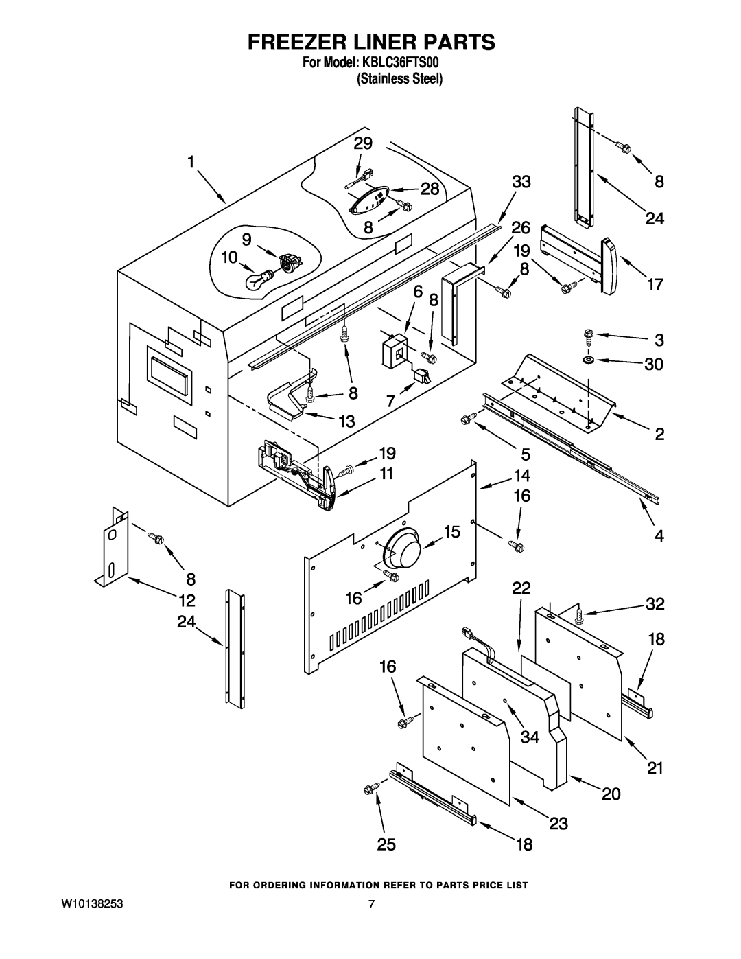 KitchenAid manual Freezer Liner Parts, W10138253, For Model KBLC36FTS00 Stainless Steel 