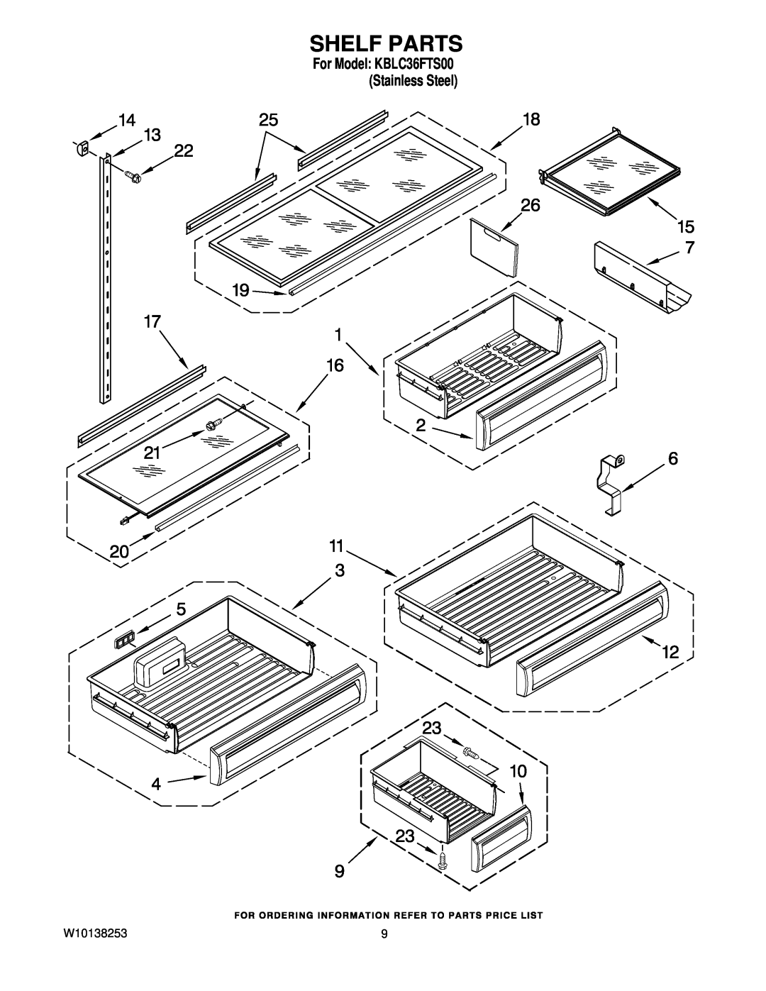 KitchenAid manual Shelf Parts, W10138253, For Model KBLC36FTS00 Stainless Steel 