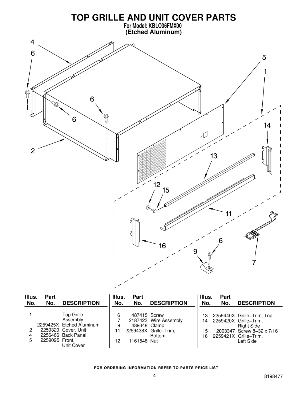 KitchenAid KBLO36FMX00 manual TOP Grille and Unit Cover Parts 