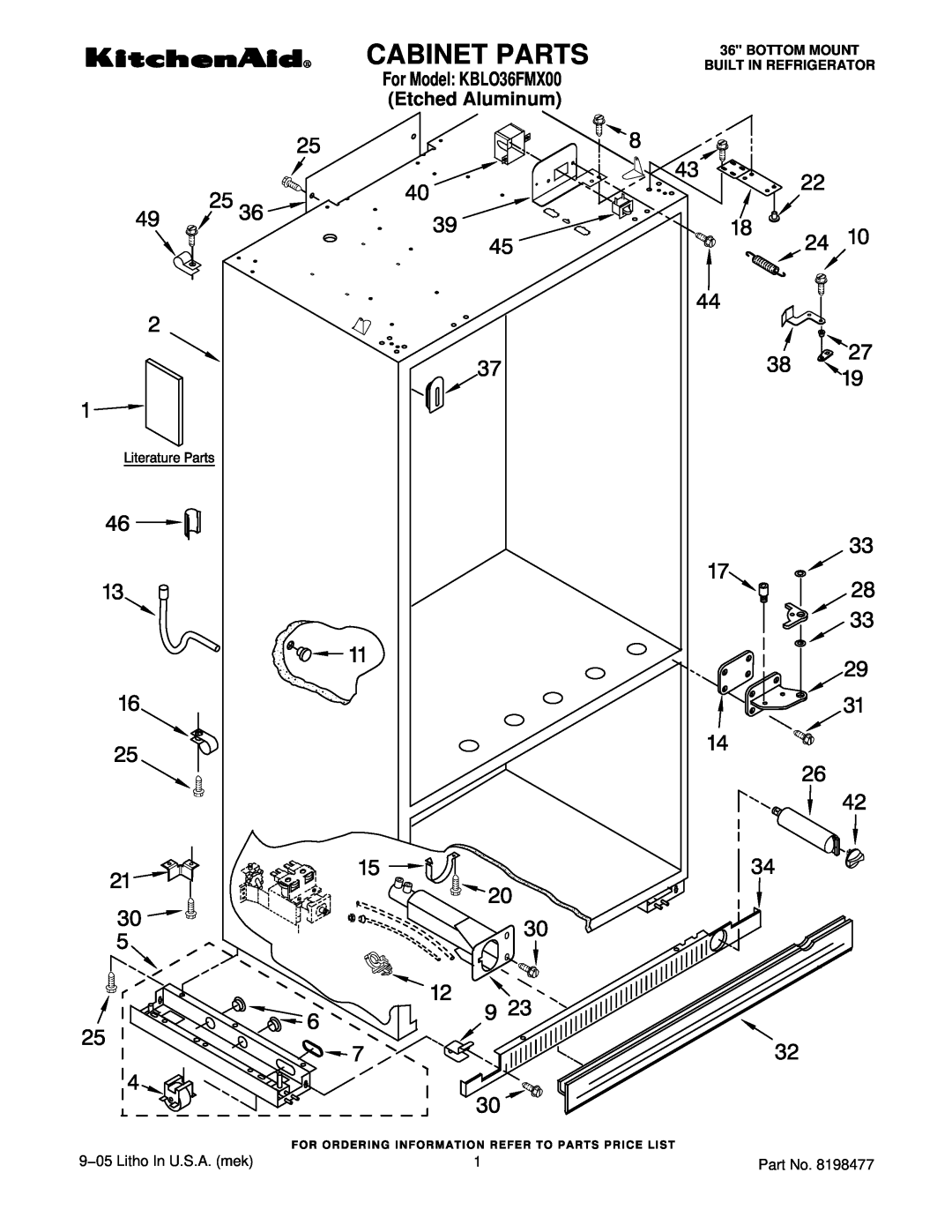 KitchenAid manual Cabinet Parts, 9−05 Litho In U.S.A. mek, For Model KBLO36FMX00 Etched Aluminum 