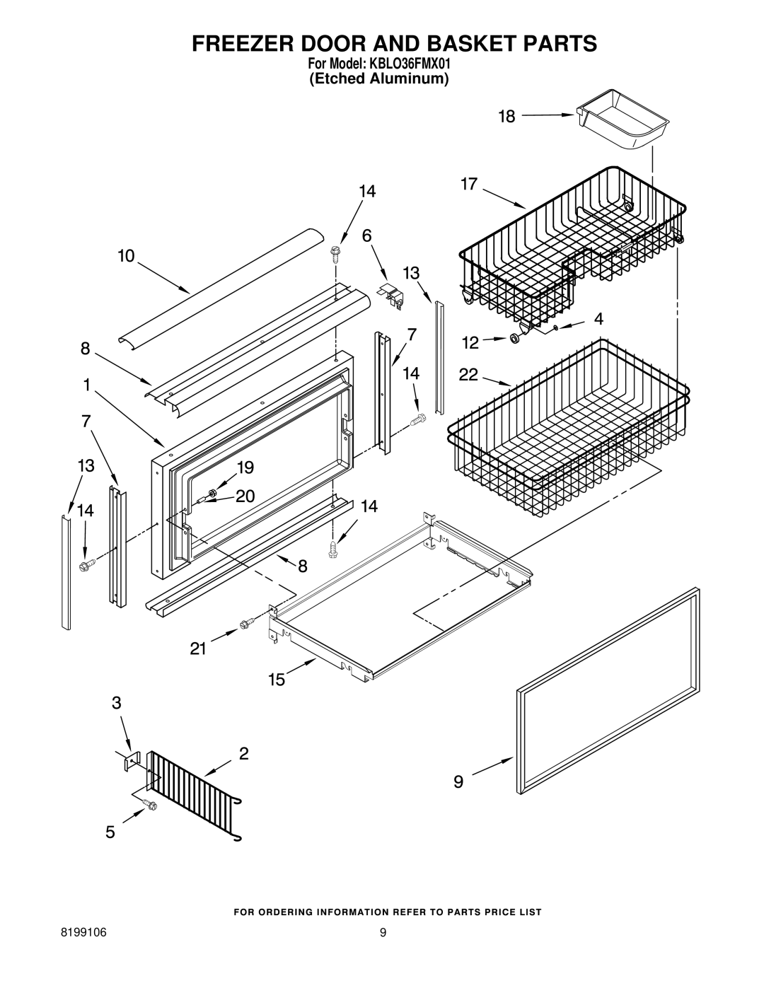 KitchenAid KBLO36FMX01 manual Freezer Door and Basket Parts 