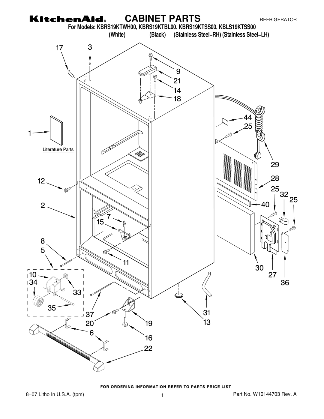 KitchenAid KBRS19KTBL00, KBLS19KTSS00, KBRS19KTSS00, KBRS19KTWH00 manual Cabinet Parts 